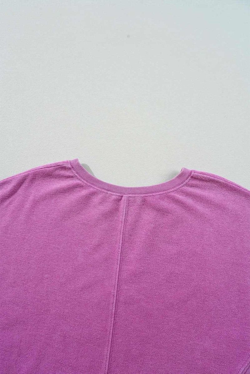 Bright Pink Solid Color Notched Neck Drop Shoulder Sweatshirt - Love Salve